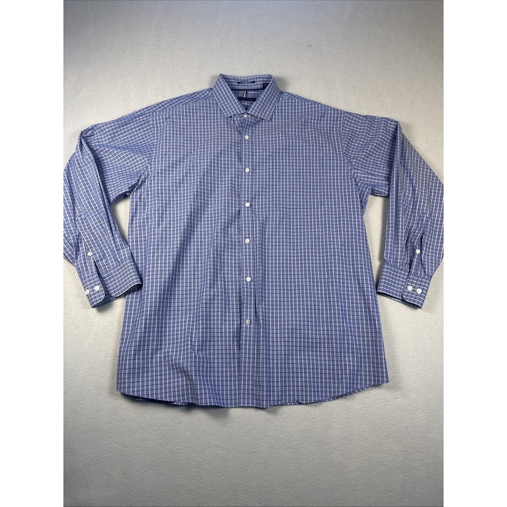 Tommy Hilfiger Dress Shirt Men XL Blue Check Regular Stretch Wrinkle Resistant
